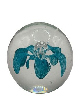 Paperweight Blue Flower Art Glass.  Round Sphere Figurine Teal Blue Petals Glass